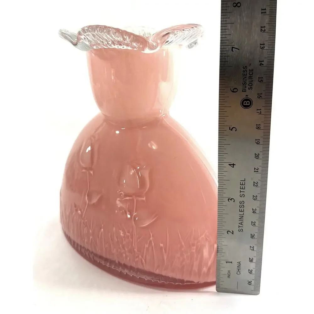 Vintage Pink Satin Glass Vase Embossed Floral Clear Ruffled Rim 7.5” Art Glass